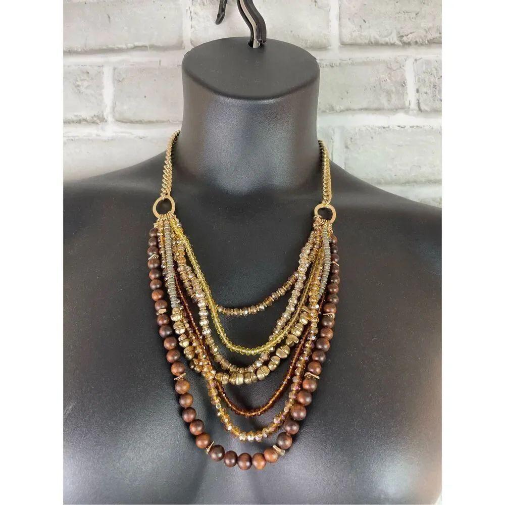 C1946 Layered Necklace Brown Gold Beaded Honey Amber Layered Necklace